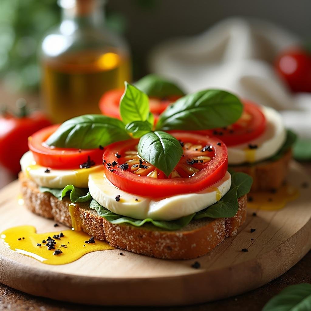 Vegetariánsky sendvič caprese s mozzarellou, paradajkami a bazalkou