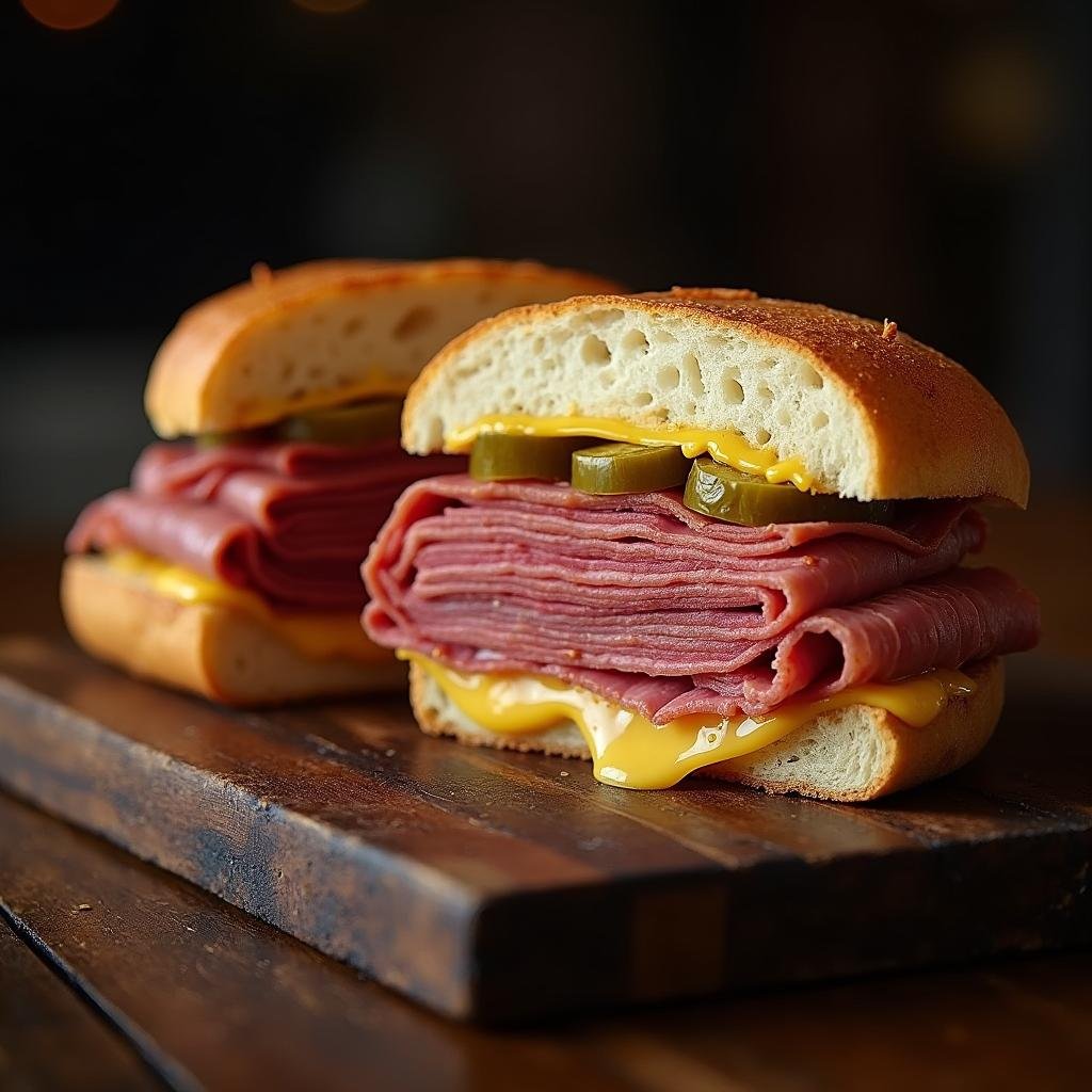 Sendvič s pastrami, kyslou uhorkou, horčicou a ementálom