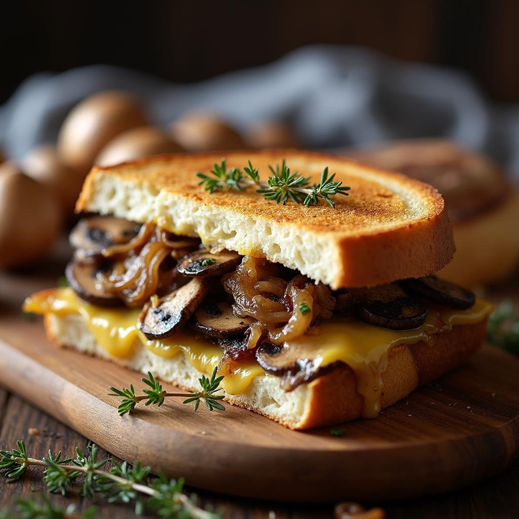 Vegetariánsky hubový sendvič s karamelizovanou cibuľou a tymiánom